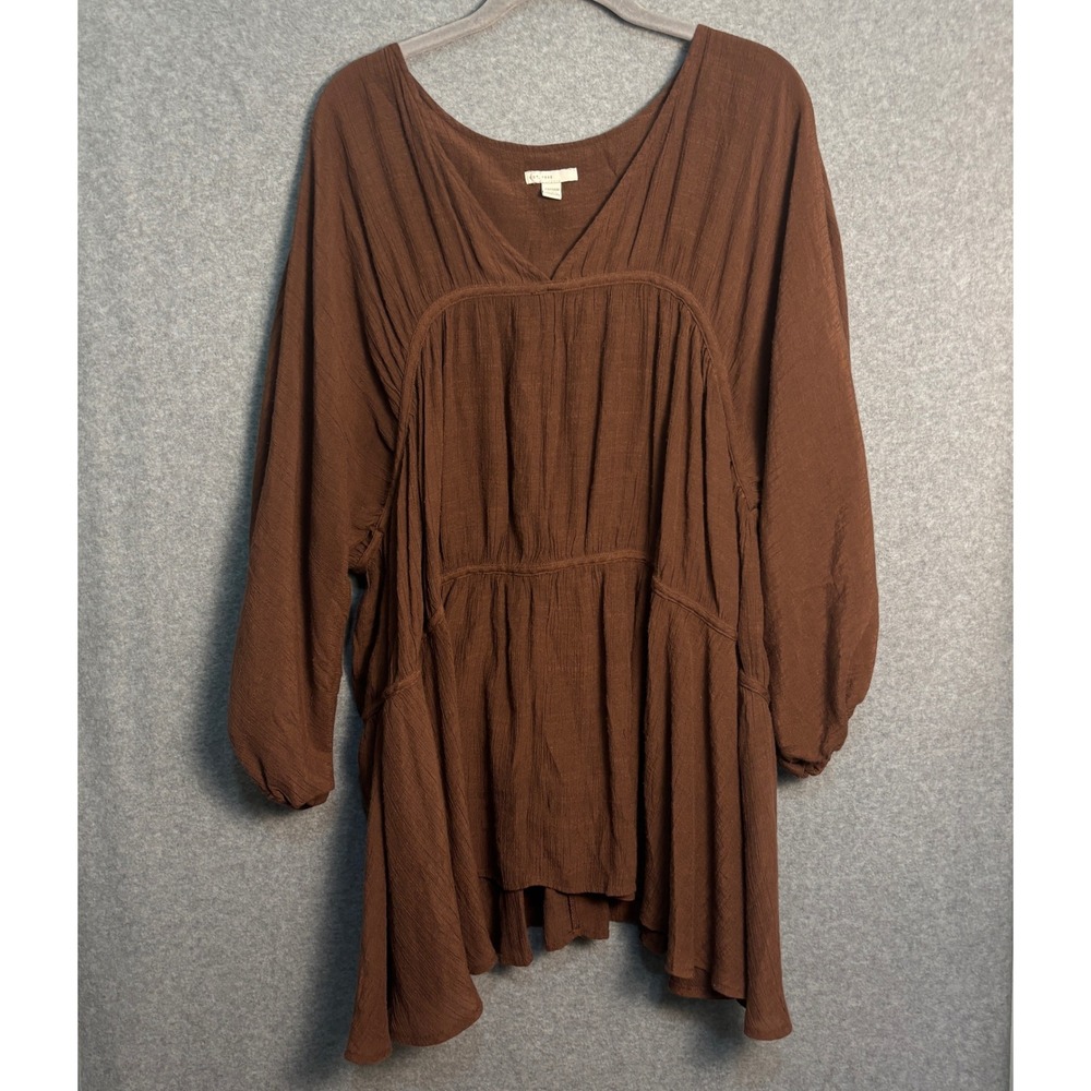 Women's Boho Babydoll Tunic Top Plus 22/24W Brown Gauze Peasant Cottagecore - Picture 2 of 9